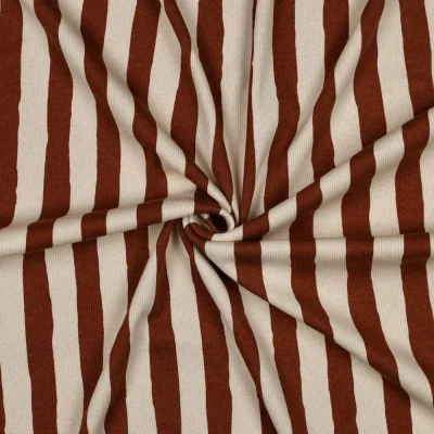 Tissu Jersey cotêlé Bio Poppy rayures Marron sur fond Naturel - Par 10 cm