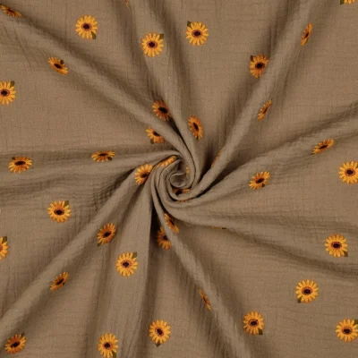 Tissu Double gaze de Coton Mia petits tournesols brodé Jaune sur fond Brun - Par 10 cm