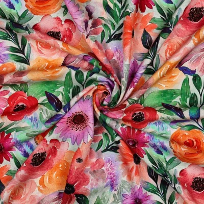 Tissu Viscose imprimé digital Serena fleurs éclatantes sur fond Blanc cassé - Par 10 cm