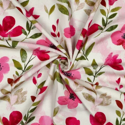 Tissu Viscose imprimé digital Eira petits coquelicots Rose Fuschia sur fond Blanc cassé - Par 10 cm