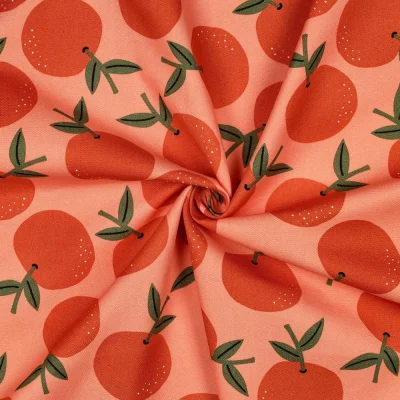 Tissu Toile de Coton Canvas Elia oranges Rouge sur fond Corail - Par 10 cm