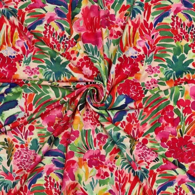 Tissu Jersey Viscose imprimé Alhambra jardin lumineux sur fond Rose saumon - Par 10 cm