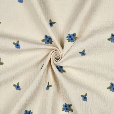 Tissu Double gaze de Coton brodé Myrtille sur fond Ecru - Par 10 cm