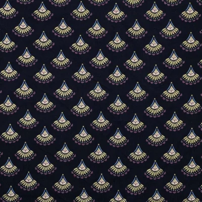 Tissu Velours milleraies Éventail brillant doré sur fond Bleu marine - Par 10 cm
