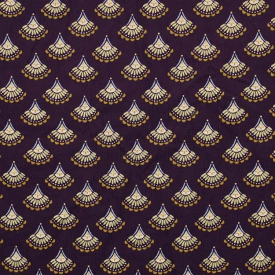 Tissu Velours milleraies Éventail brillant doré sur fond Violet - Par 10 cm