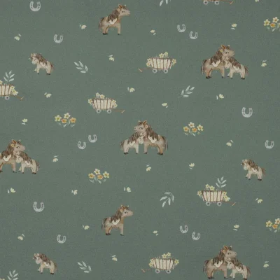 Tissu Popeline de Coton beige Poneya sur fond Vert amande - Par 10 cm