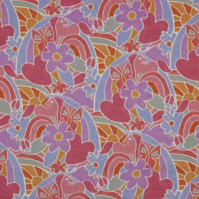 Tissu Sweat léger French Terry Fleurs et licornes sur fond Lilas - Par 10 cm