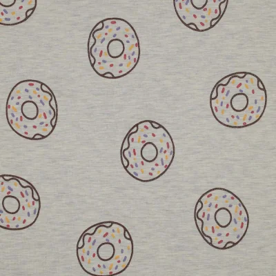 Tissu Jersey Mélangé Donuts pailletés sur fond Ecru chiné - Par 10 cm