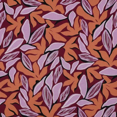 Tissu Viscose Lia feuilles parme sur fond Violine - Par 10 cm