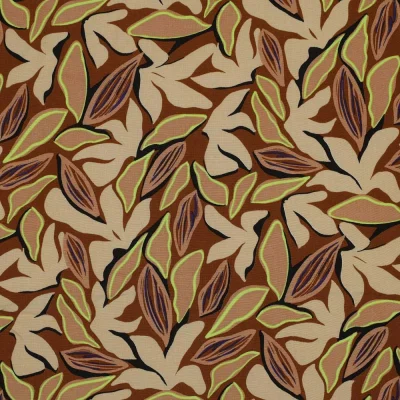 Tissu Viscose Lia feuilles beiges sur fond Marron - Par 10 cm