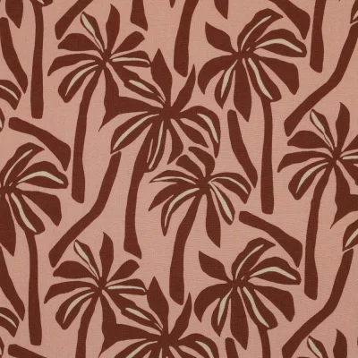 Tissu Viscose légère Palmier sur fond Rose corail - Par 10 cm
