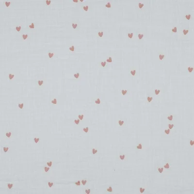 Tissu Double gaze Petits coeurs roses sur fond Blanc - Par 10 cm