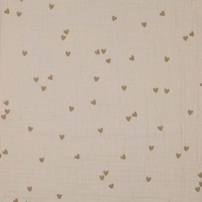 Tissu Double gaze Petits coeurs beige foncé sur fond Beige - Par 10 cm