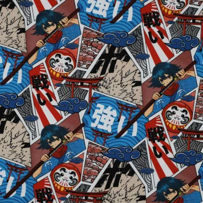 Tissu Jersey Coton digital Manga rouge sur fond Bleu - Par 10 cm