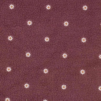 Coupon Tissu Sherpa paquerettes brodées Héloise sur fond Aubergine - Coupon de 170 cm