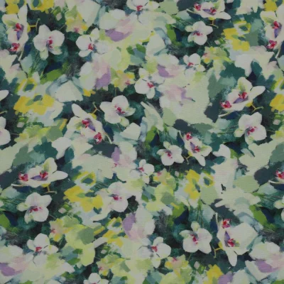 Tissu Viscose Fleurs peintes sur fond Vert - Par 10 cm