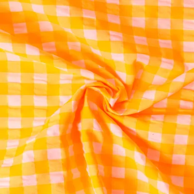Tissu Vichy Soleil Orange fluo grands carreaux sur fond Blanc - Par 10 cm