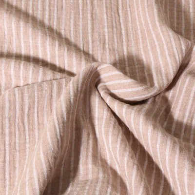 Tissu Double gaze de Coton Poppy Rayé blanc sur fond Beige - Par 10 cm