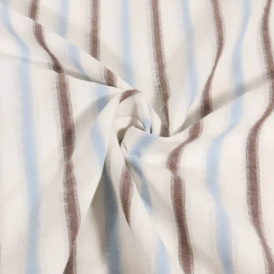 Tissu Coton Dévoré Rayé bleu et marron sur fond Blanc - Par 10 cm