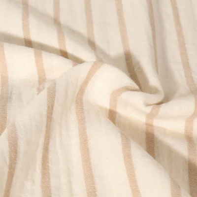 Tissu Double Gaze de Coton Teint en fil rayé beige sur fond Ecru - Par 10 cm