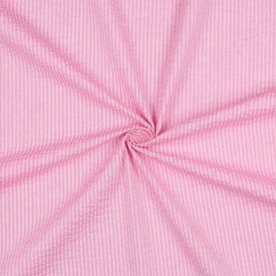 Tissu Seersucker Coton Rayures sur fond Rose - Par 10 cm