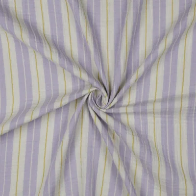 Tissu Double gaze de Coton Rayures Lilas et Moutarde sur fond Blanc cassé - Par 10 cm