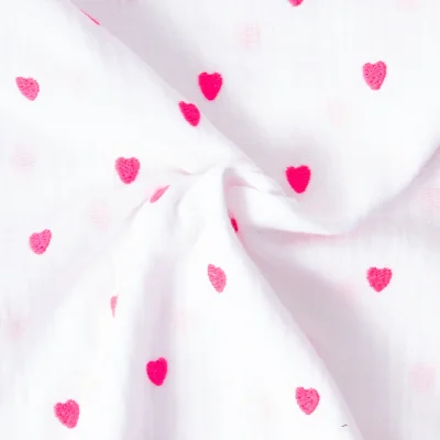 Tissu Double gaze de Coton Valentine Petits coeurs roses sur fond Blanc - Par 10 cm