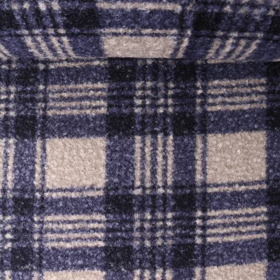 Tissu Fausse fourrure Bouclette Sacha carreaux Bleu marine sur fond Beige - Par 10 cm