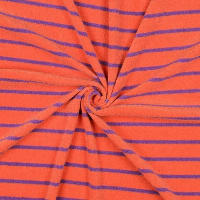Tissu Jersey Eponge Rayures violettes sur fond Orange - Par 10 cm