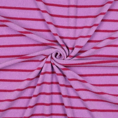 Tissu Jersey Eponge Rayures Framboise sur fond Lilas - Par 10 cm