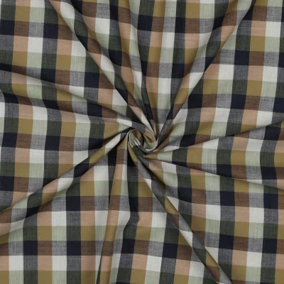 Tissu Voile de Coton fil teint imprimé carreaux sur fond Ecru - Par 10 cm