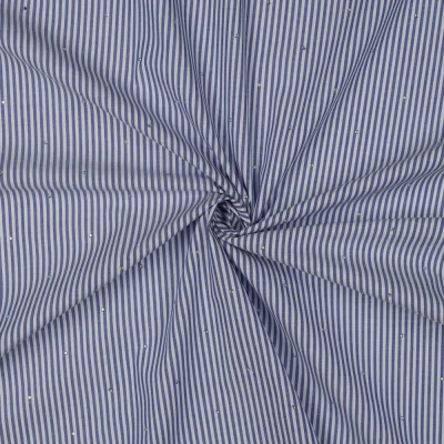 Tissu Coton fil teint rayé Bleu et strass sur fond Blanc cassé - Par 10 cm