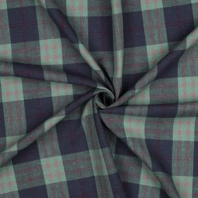 Tissu Lin Viscose carreaux Bleu et quadrillage Rouge sur fond Vert clair - Par 10 cm