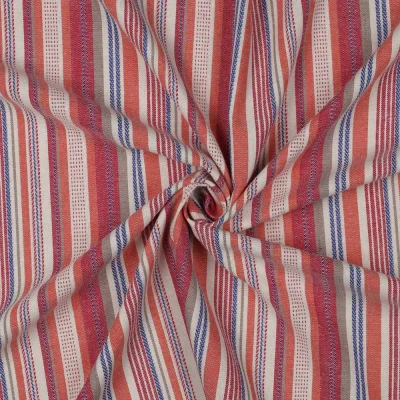 Tissu Lin Viscose fil teint rayures Rouge et Bleu sur fond Ecru - Par 10 cm