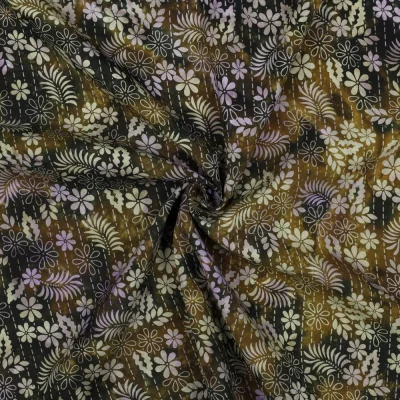 Tissu Batik de Viscose fleurs et feuilles sur fond Brun - Par 10 cm