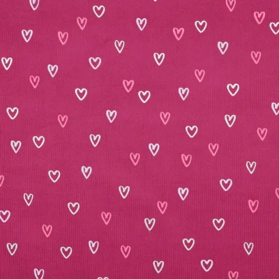 Tissu Velours milleraies imprimé Coeurs roses sur fond Rose fuchsia - Par 10 cm