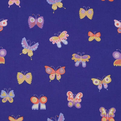 Tissu Popeline de Coton  papillons Popi multicolores sur fond Bleu roi - Par 10 cm