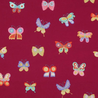 Tissu Popeline de Coton  papillons Popi multicolores sur fond Bordeaux - Par 10 cm