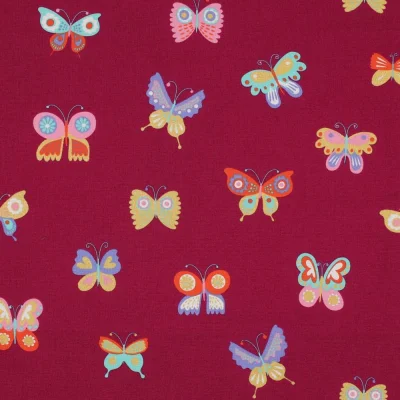 Tissu Coton imprimé Poppy Papillons glitter sur fond Magenta fuschia - Par 10 cm