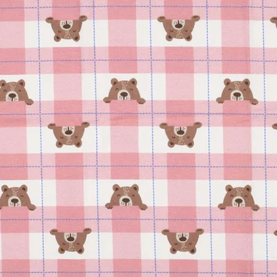 Tissu Flanelle de Coton Poppy Carreaux roses et oursons marron sur fond Blanc - Par 10 cm
