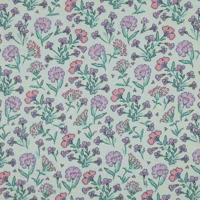Tissu Double gaze fleurs Daisy lavandes sur fond Vert d&#039;eau - Par 10 cm