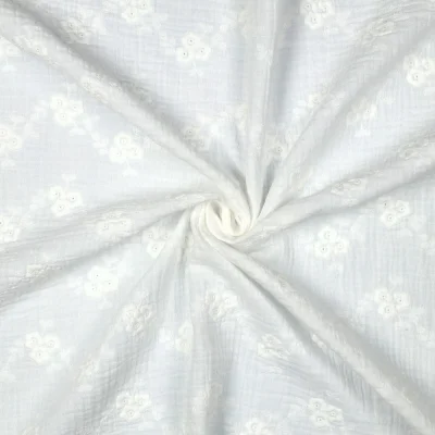 Tissu Double gaze de Coton brodé Fleurs sur fond Blanc - Par 10 cm