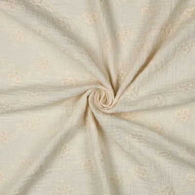 Tissu Double gaze de Coton brodé Fleurs sur fond Ecru - Par 10 cm