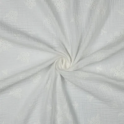 Tissu Double gaze de Coton brodé Fleurs Tia sur fond Blanc - Par 10 cm