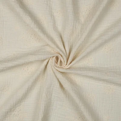 Tissu Double gaze de Coton brodé Fleuris Louisa sur fond Ecru - Par 10 cm