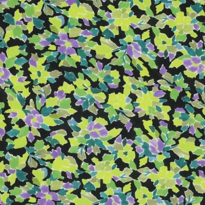 Tissu Viscose Digital Fleurs vertes sur fond Noir - Par 10 cm