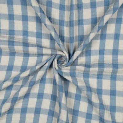 Tissu Double gaze de Coton Lin Carreaux Bleu ciel sur fond Ecru - Par 10 cm
