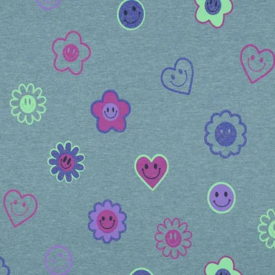Tissu Jersey Smile violet sur fond Bleu ciel chiné - Par 10 cm