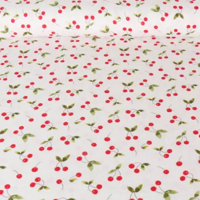 Tissu Double gaze de Coton Digital Poppy Cerises rouges sur fond Blanc - Par 10 cm