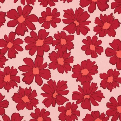 Tissu Sweat envers molletonné Cosmia fleurs Rouges sur fond Rose - Par 10 cm
